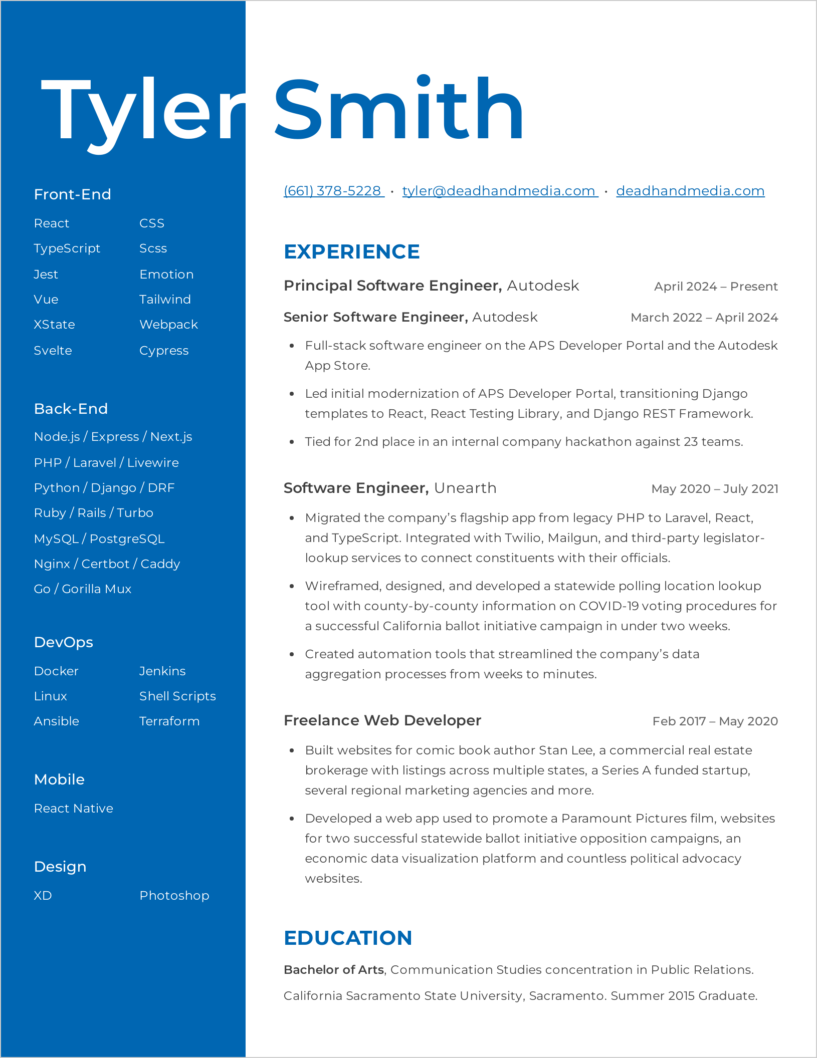 My current resume, generated at build time, being pulled in from the resume website