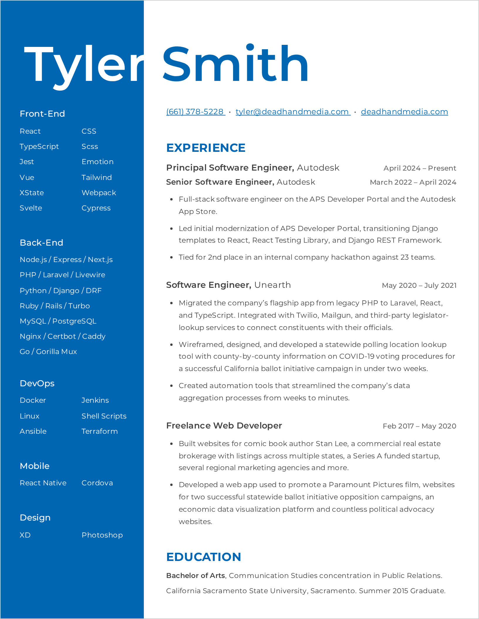 My current resume, generated at build time, being pulled in from the resume website